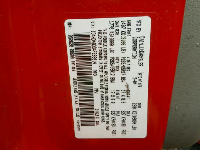 1D4HD48D34F208014 - 2004 DODGE DURANGO SL RED photo 10