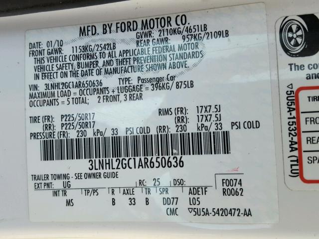 3LNHL2GC1AR650636 - 2010 LINCOLN MKZ თეთრი ფოტო 10