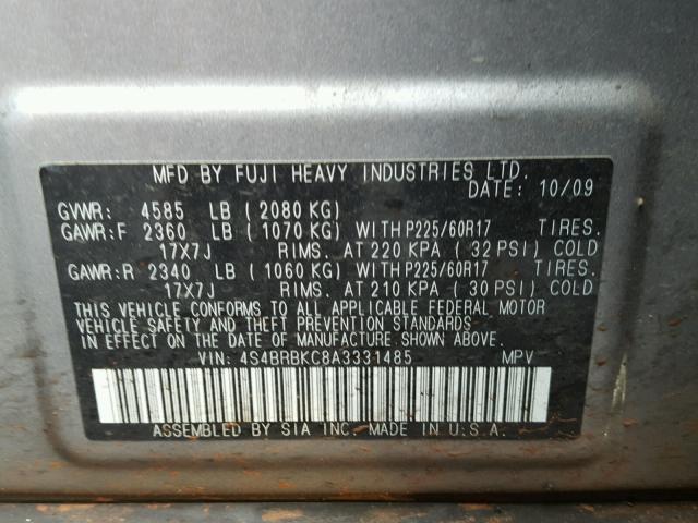 4S4BRBKC8A3331485 - 2010 SUBARU OUTBACK 2. SILVER photo 10