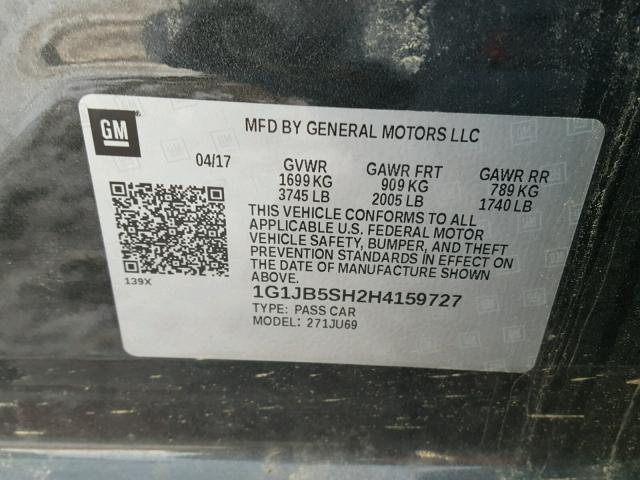 1G1JB5SH2H4159727 - 2017 CHEVROLET SONIC LS GRAY photo 10