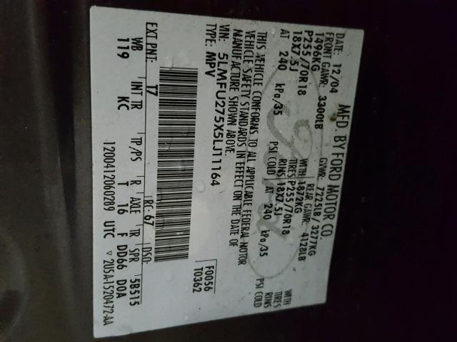 5LMFU275X5LJ11164 - 2005 LINCOLN NAVIGATOR CHARCOAL photo 10