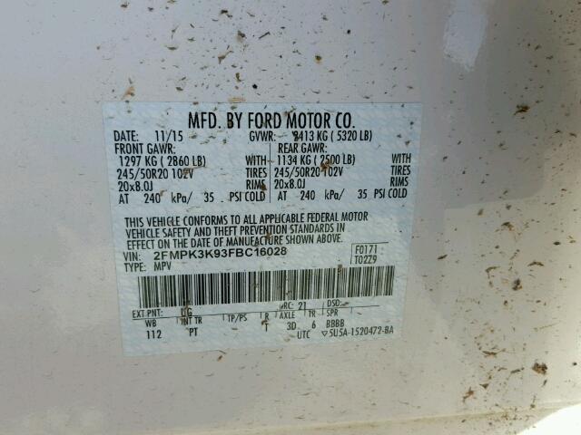 2FMPK3K93FBC16028 - 2015 FORD EDGE Beyaz fotoğraf 10
