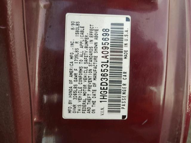 1HGED3653LA095698 - 1990 HONDA CIVIC LX MAROON photo 10