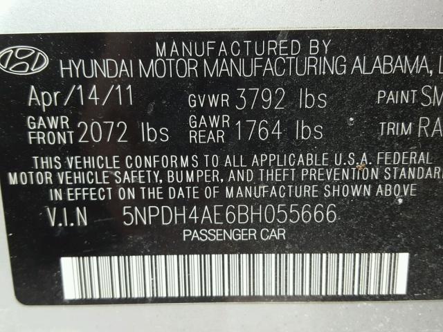 5NPDH4AE6BH055666 - 2011 HYUNDAI ELANTRA GL SILVER photo 10