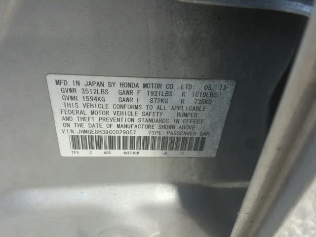 JHMGE8H39CC029057 - 2012 HONDA FIT GRAY photo 10