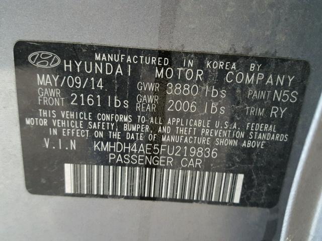 KMHDH4AE5FU219836 - 2015 HYUNDAI ELANTRA SE GRAY photo 10