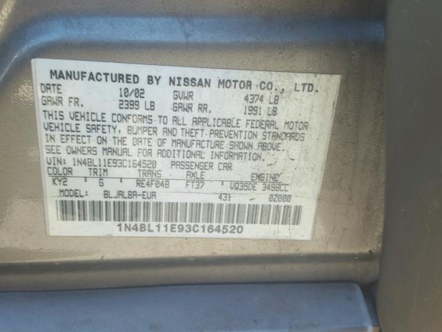 1N4BL11E93C164520 - 2003 NISSAN ALTIMA SE TAN photo 10