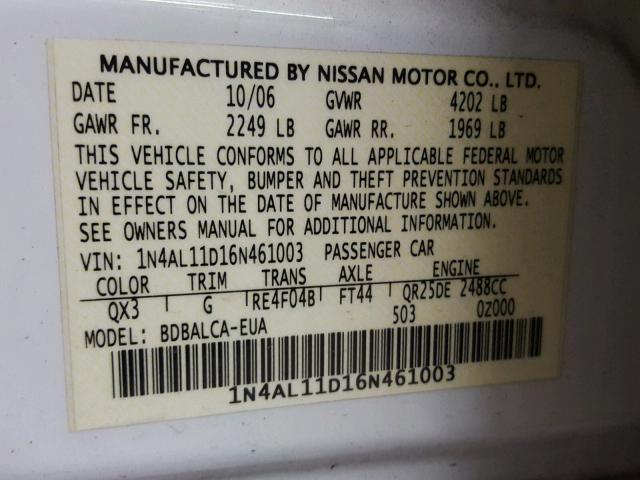 1N4AL11D16N461003 - 2006 NISSAN ALTIMA S WHITE photo 10