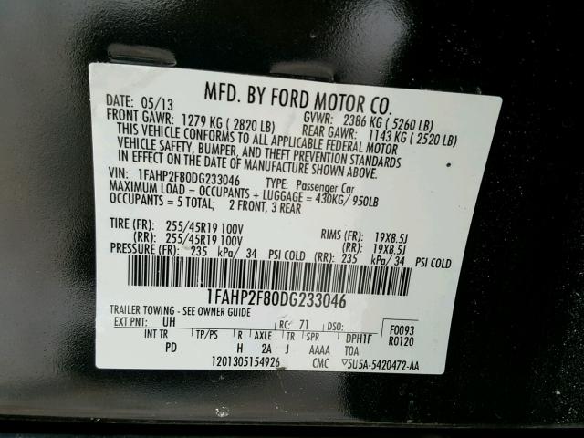 1FAHP2F80DG233046 - 2013 FORD TAURUS LIM BLACK photo 10