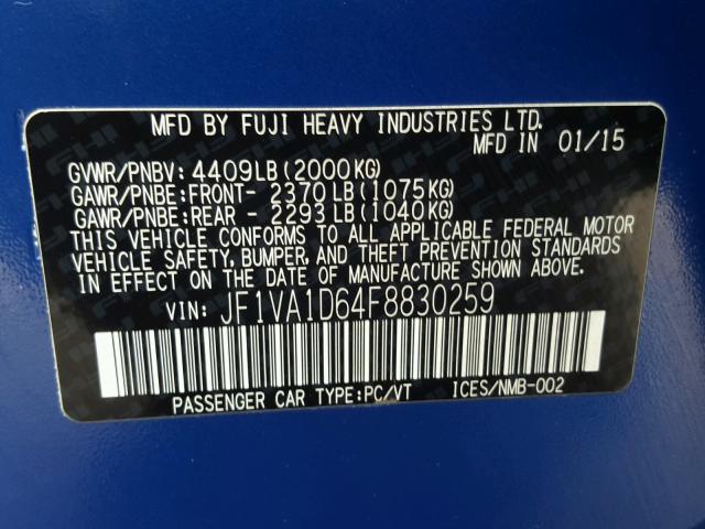 JF1VA1D64F8830259 - 2015 SUBARU WRX PREMIU BLUE photo 10