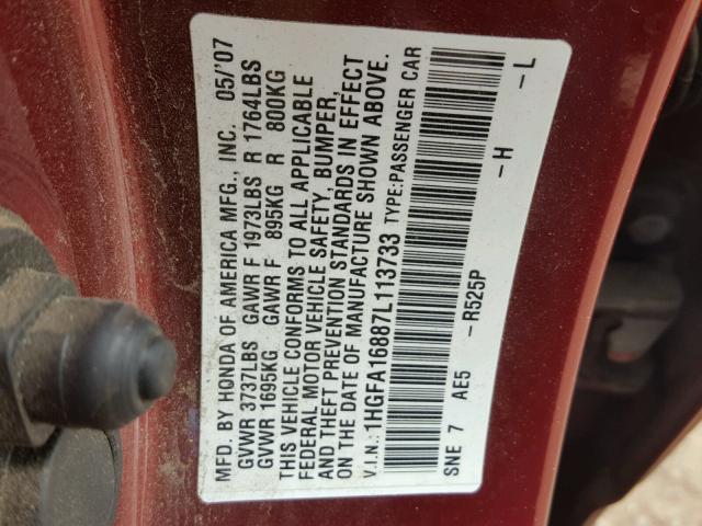 1HGFA16887L113733 - 2007 HONDA CIVIC EX RED photo 10