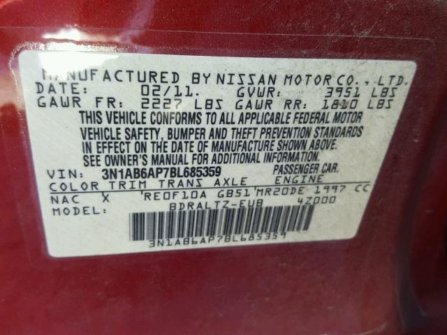 3N1AB6AP7BL685359 - 2011 NISSAN SENTRA 2.0 RED photo 10