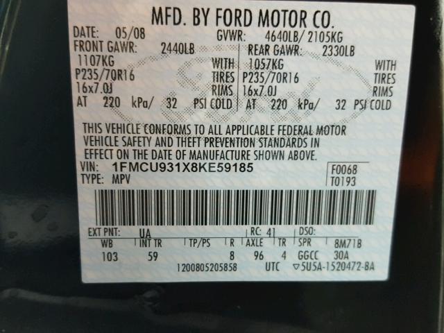 1FMCU931X8KE59185 - 2008 FORD ESCAPE XLT BLACK photo 10