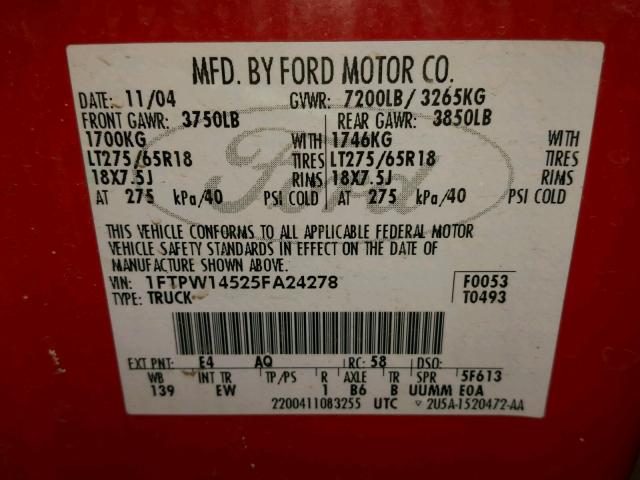 1FTPW14525FA24278 - 2005 FORD F150 SUPER RED photo 10