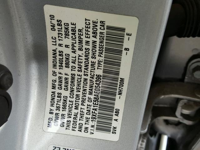 19XFA1E58AE054396 - 2010 HONDA CIVIC LX SILVER photo 10