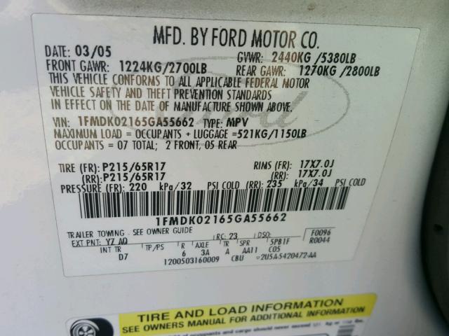 1FMDK02165GA55662 - 2005 FORD FREESTYLE WHITE photo 10