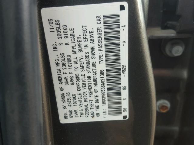 1HGCM66536A021386 - 2006 HONDA ACCORD EX GRAY photo 10