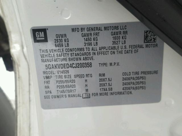 5GAKVDED4CJ200358 - 2012 BUICK ENCLAVE WHITE photo 10