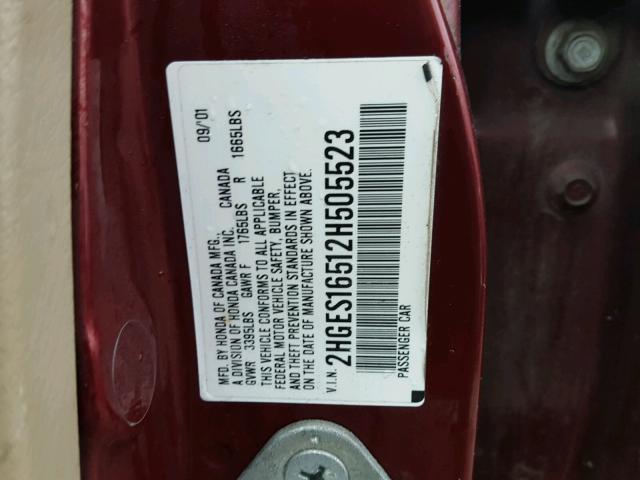 2HGES16512H505523 - 2002 HONDA CIVIC LX RED photo 10