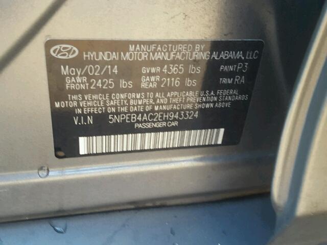 5NPEB4AC2EH943324 - 2014 HYUNDAI SONATA GLS SILVER photo 10