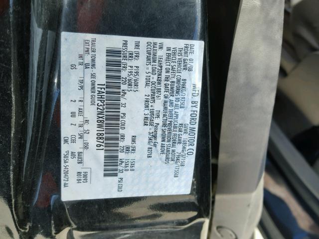 1FAHP32NX8W188761 - 2008 FORD FOCUS S/SE BLACK photo 10