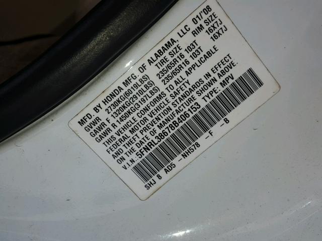 5FNRL38678B406153 - 2008 HONDA ODYSSEY EX WHITE photo 10