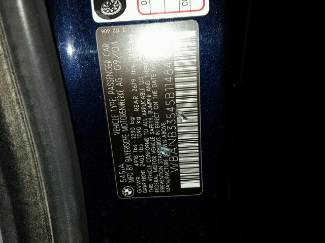 WBANB33545B114844 - 2005 BMW 545 I BLUE photo 10