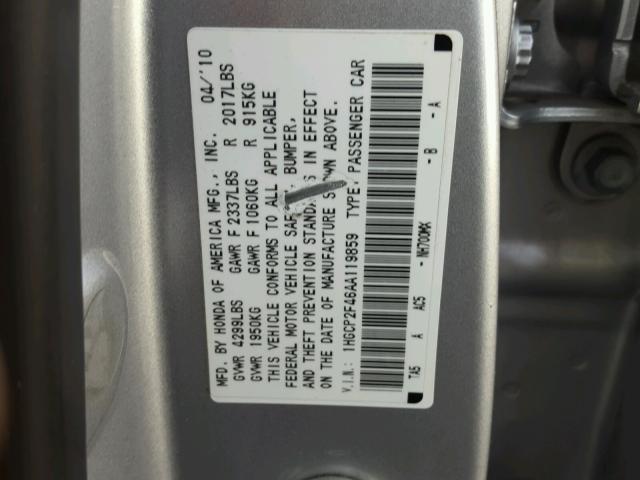 1HGCP2F46AA119859 - 2010 HONDA ACCORD LXP SILVER photo 10