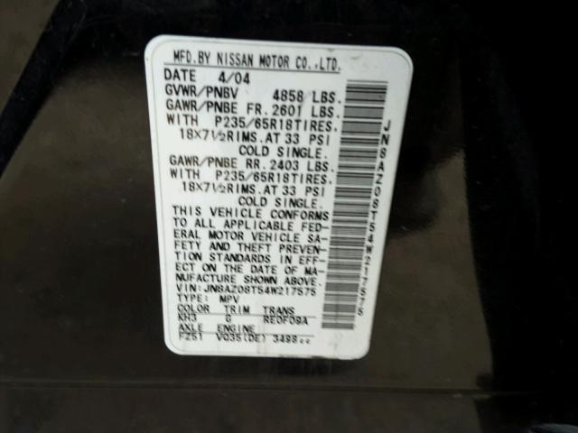 JN8AZ08T54W217575 - 2004 NISSAN MURANO SL BLACK photo 10