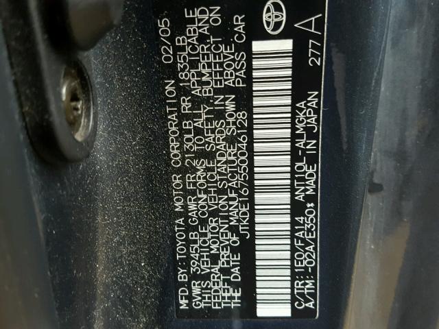 JTKDE167550046128 - 2005 TOYOTA SCION TC BLACK photo 10