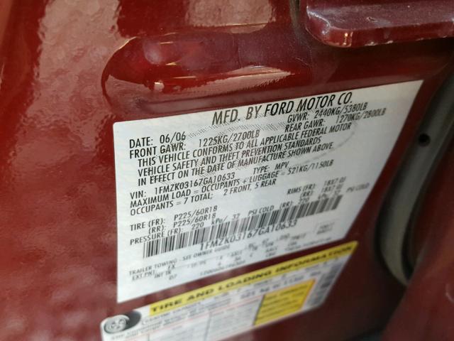 1FMZK03167GA10633 - 2007 FORD FREESTYLE MAROON photo 10