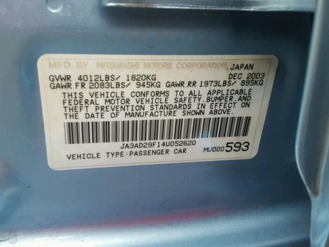 JA3AD29F14U052620 - 2004 MITSUBISHI LANCER LS TEAL photo 10