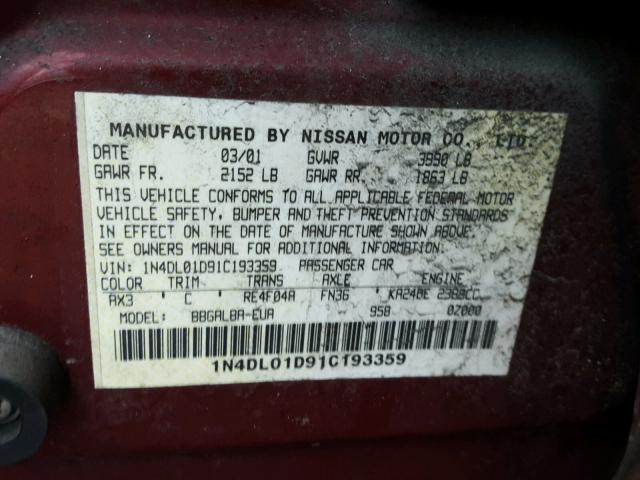 1N4DL01D91C193359 - 2001 NISSAN ALTIMA XE MAROON photo 10