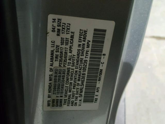 5FNRL5H63EB105239 - 2014 HONDA ODYSSEY EX SILVER photo 10