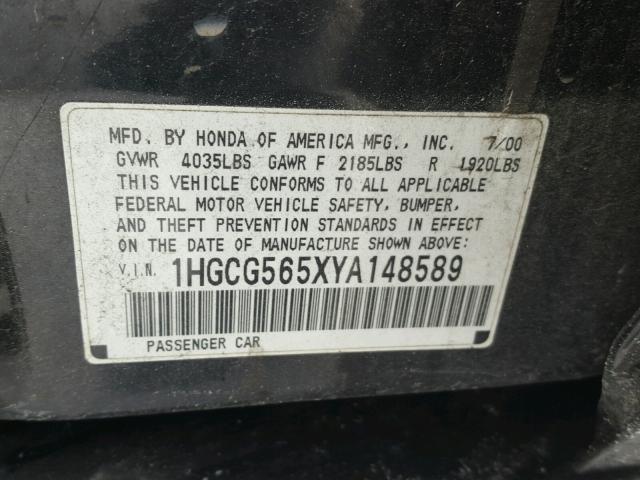 1HGCG565XYA148589 - 2000 HONDA ACCORD EX BLACK photo 10