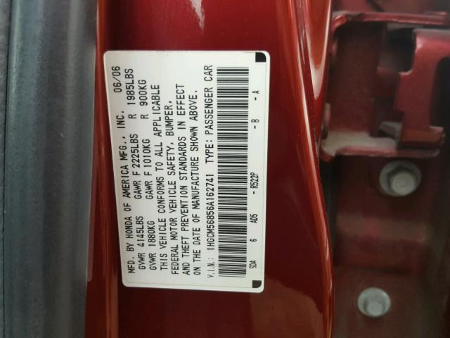 1HGCM56856A162741 - 2006 HONDA ACCORD EX RED photo 10