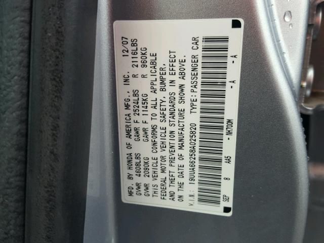 19UUA66258A025820 - 2008 ACURA TL SILVER photo 10