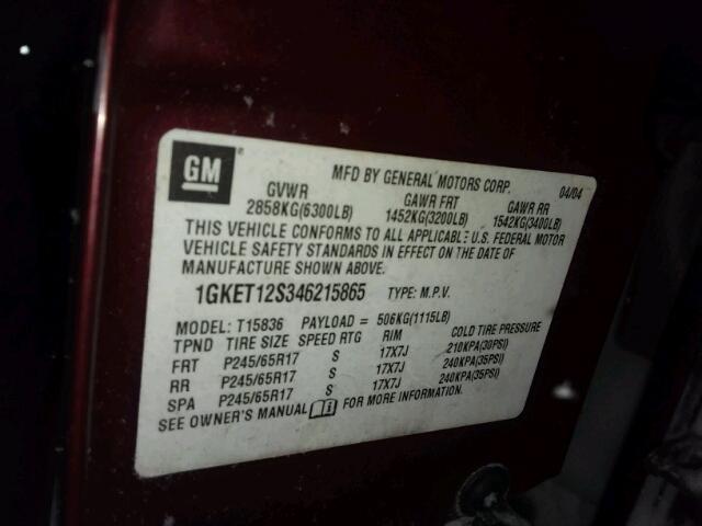 1GKET12S346215865 - 2004 GMC ENVOY XUV MAROON photo 10