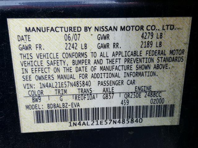 1N4AL21E57N485840 - 2007 NISSAN ALTIMA 2.5 BLUE photo 10