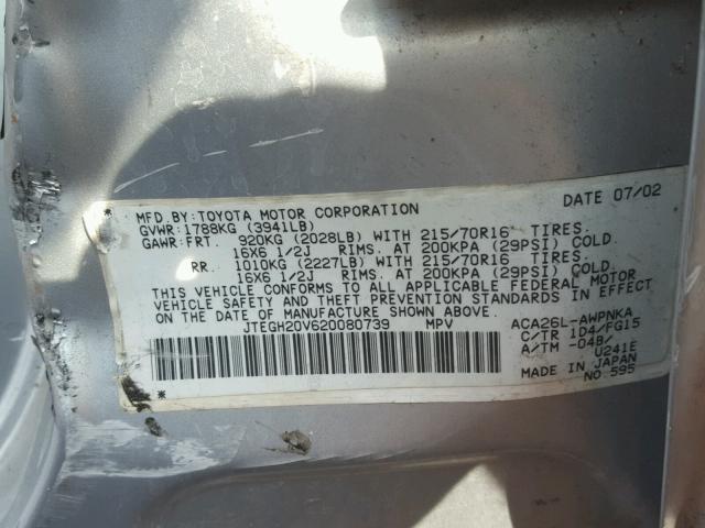 JTEGH20V620080739 - 2002 TOYOTA RAV4 SILVER photo 10