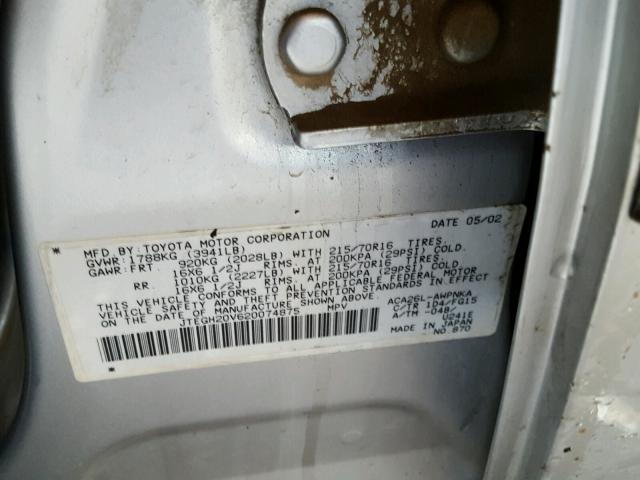 JTEGH20V620074875 - 2002 TOYOTA RAV4 SILVER photo 10