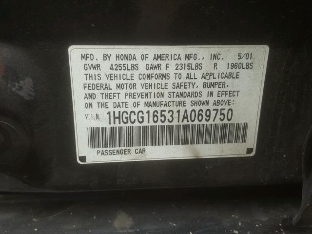 1HGCG16531A069750 - 2001 HONDA ACCORD EX BLACK photo 10