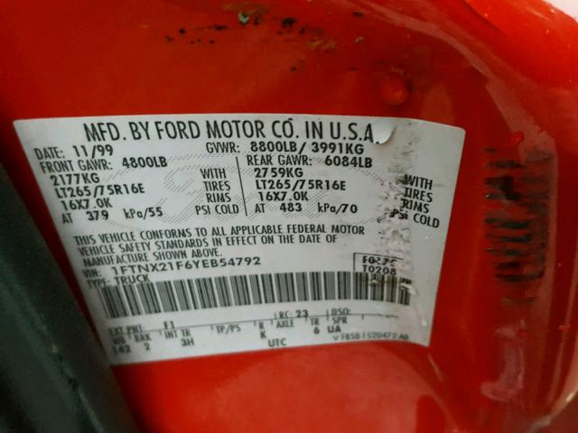 1FTNX21F6YEB54792 - 2000 FORD F250 SUPER RED photo 10