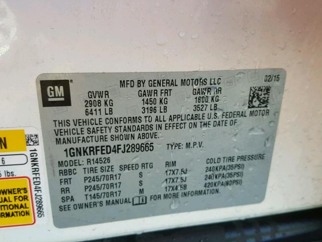 1GNKRFED4FJ289665 - 2015 CHEVROLET TRAVERSE L WHITE photo 10