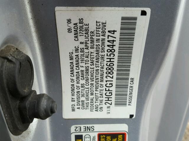 2HGFG12886H584474 - 2006 HONDA CIVIC EX SILVER photo 10