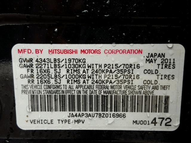 JA4AP3AU7BZ016966 - 2011 MITSUBISHI OUTLANDER BLACK photo 10