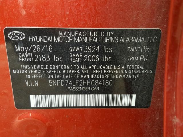 5NPD74LF2HH084180 - 2017 HYUNDAI ELANTRA SE RED photo 10