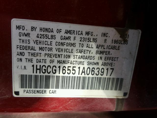 1HGCG16551A063917 - 2001 HONDA ACCORD EX RED photo 10