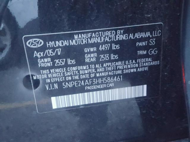 5NPE24AF3HH586461 - 2017 HYUNDAI SONATA SE BLACK photo 10