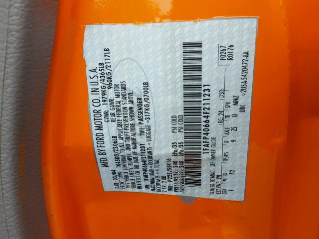 1FAFP40664F211231 - 2004 FORD MUSTANG ORANGE photo 10